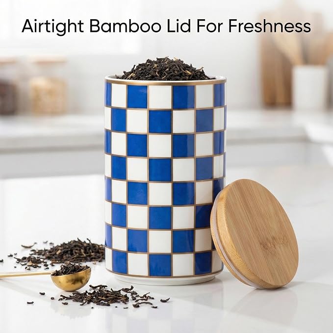 1 Piece Ceramic Coffee Canister, Airtight Coffee Container with Lid for Kitchen Storage (15.8x9cm, Blue Checkered)