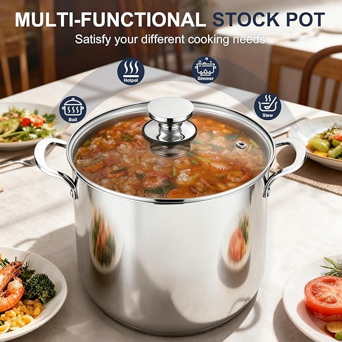 P&P CHEF 12 Quart Stock Pot with Lid, 12 Qt Large Stainless Steel Stockpot | Good for Cooking Pasta Soup, Cookware for Induction Gas Electric Stoves, Visible Lid & Measuring Markings, Dishwasher Safe