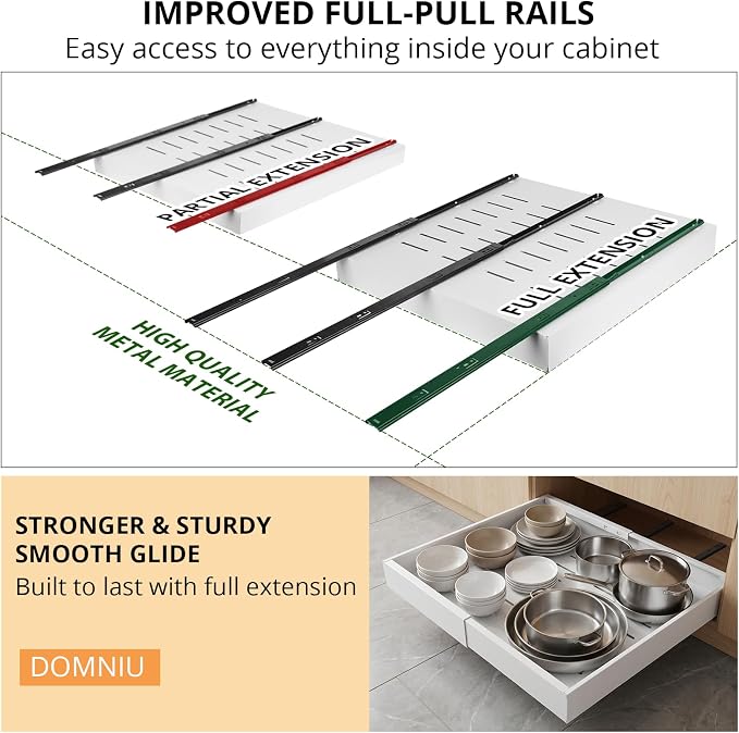 DOMNIU 2 Pack Pull Out Cabinet Organizers Expandable Width (12.4''-20.27'') | Upgrade 3 Slide Rails Sliding Drawer for Kitchen Cabinet Organizer with Adhesive Nano Film, White