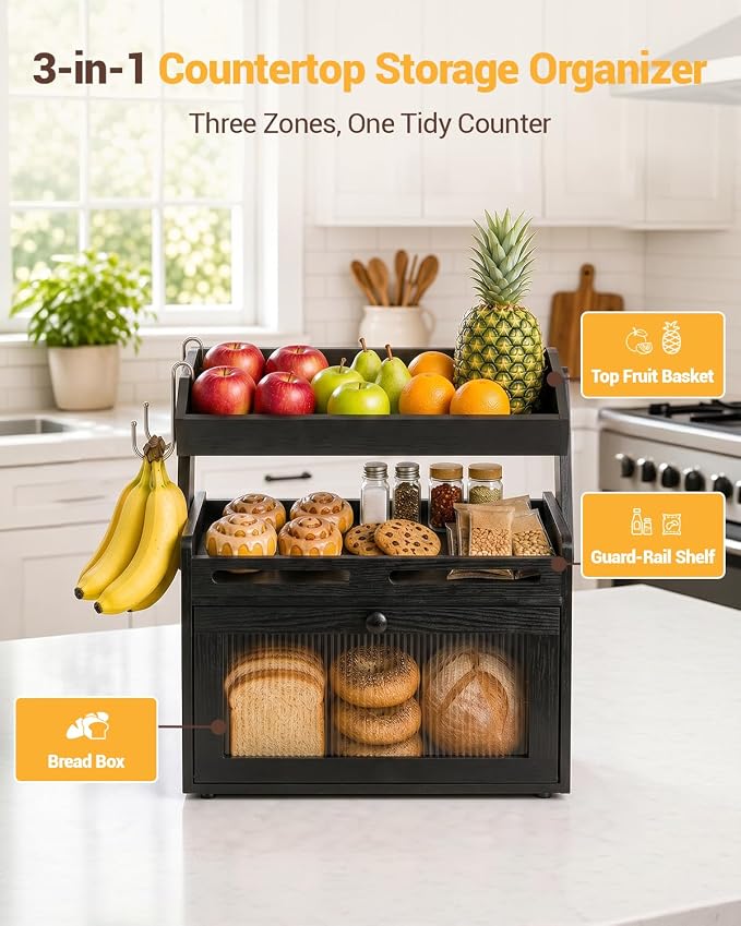 Bread Box for Kitchen Countertop, Bamboo Bread Storage Container with Fruit Basket, Clear Door & Magnetic Closure, Raised-Rail Shelves & 2 Banana Hooks, Farmhouse Pantry Organizer, Black