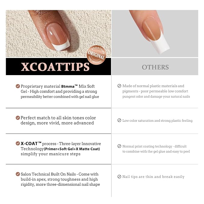 BTArtboxnails XCOATTIPS White French Tip Press On Nails, S Almond, Brown | Lamp-Curable, 4-Week Wear, Natural Nail Look, Salon Quality Value at Home, Easy-to-Apply for Beginners, 160ct Nail Tips Only