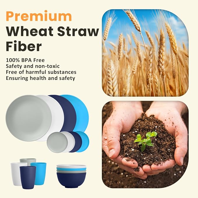 Premium Wheat Straw Dinnerware Sets, Plates and Bowls Sets,Cups,Alternative to Plastic Plates Service for 4, Dishwasher and Microwave Safe 16 PCS Dish Sets for Home,Camping - Island