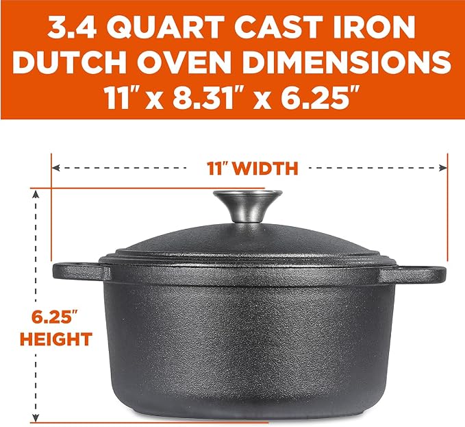 Commercial Chef 3.4-Qt. Dutch Oven with Lid, Cast Iron, CHCI340 | Pre-seasoned, Integrated Handles, Works on All Cooktops Including Induction, Outdoor Cookware for Campfires or Grills
