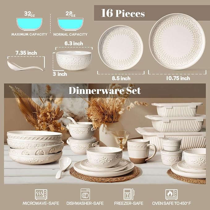 Plates And Bowls Sets, 16 Pieces Dinnerware Sets, Dish Set For 4, Ceramic Kitchen Bowl And Plate Set, Embossed White Dishware Sets, Dishwasher & Microwave Safe (Wheat Leaf)