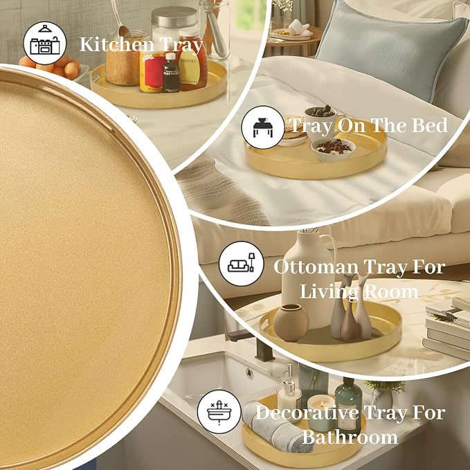 13" Gold Decorative Tray, Plastic Round Serving Tray with Handles | Decorative Tray for Coffee Table, Modern Ottoman Tray, Circle Tea Tray, Round Melamine Tray for Living Room, Bathroom