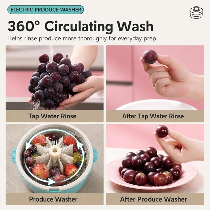 Electric Fruit and Vegetable Washer, Salad Spinner with Strainer Bowl (Blue) | One-Touch Electric Produce Washer | Wash, Strain & Spin-Dry Fruit, Vegetables and Salad in a Multi-Part Bowl System