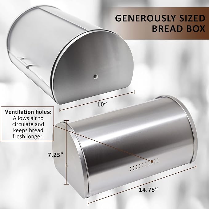 Stainless Steel Bread Box for Kitchen Countertop | Bread Holder Bin, Frosted Acrylic Roll Top Lid