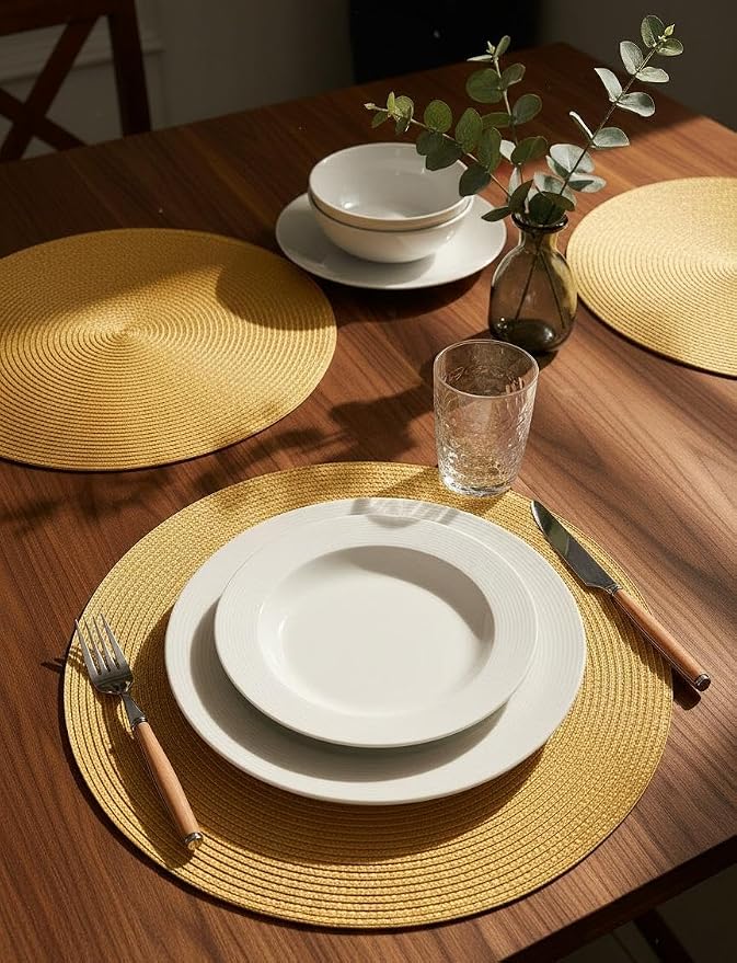 FunWheat Round Braided Placemats Set of 4 Table Mats for Dining Tables Woven Washable Non-Slip Place mats 15 inch(Pumpkin Yellow,4pcs)