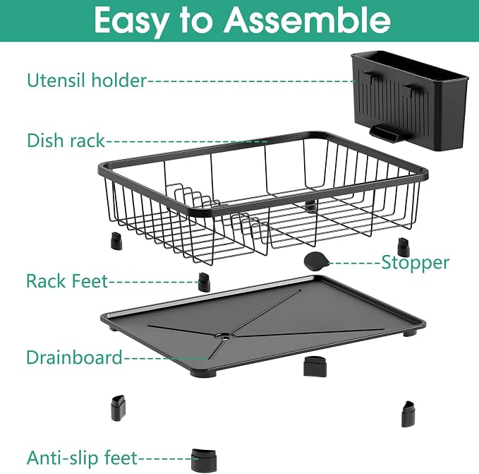 Hiviweer Dish Drying Rack for Kitchen Counter, 16.2" L x 12.5" W, Black | Space-saving design with drainboard, removable utensil holder, rustproof durable dish drainer for kitchen countertop storage