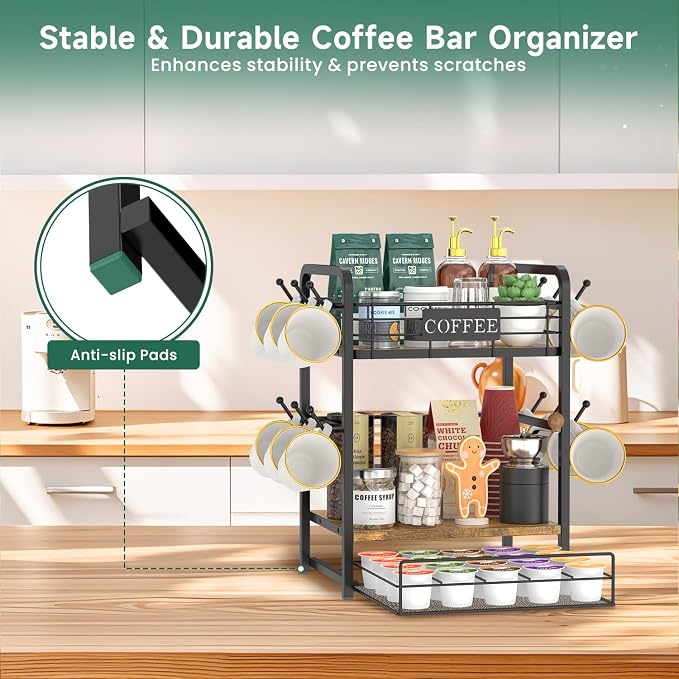 EsLuker.ly Coffee Bar Organizer Station Shelf Mug Holder, with 12 Hooks | 3 Tier Coffee Cup Stand Rack for Countertop, K Cup Pod Organizer Drawer for Home Office, Keeps Essentials Tidy & Accessible