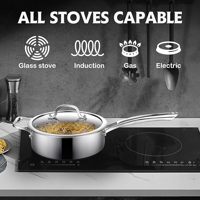 Frying Pans Nonstick Set with Lid,Hybrid Non Stick 5 Quart Saute pan,10 inch Skillet,8 inch Skillet PFOA Free Cookware,Stainless Steel skillet,Deep Braiser,Dishwasher Safe,Works on All Cooktops