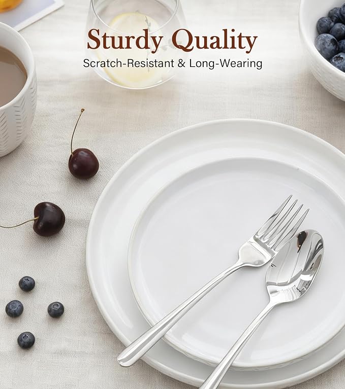 24 Piece Dinnerware Sets for 8 - Farmhouse Style Stoneware Plates and Bowls Sets - Scratch Resistant & Dishwasher Safe, Embossed Boho Ceramic Dish Set, Stack Compactly Dishware - Vintage White