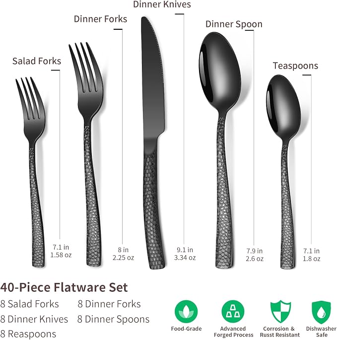 Remoxye 40-Piece Silverware Set, Black Hammered Stainless Steel Flatware Sets for 8, Food-Grade Tableware Set, Including Fork Knife Spoon Set, Durable Home Kitchen Cutlery Sets, Dishwasher Safe