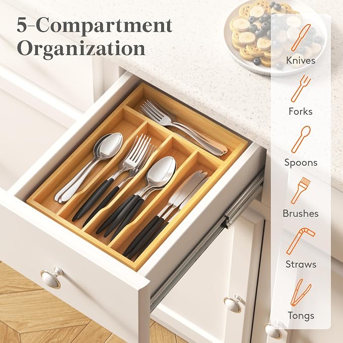 Lifewit Bamboo Silverware Tray for Drawer, 6.7 x 12 | Utensil Organizer for Kitchen, Flatware and Cutlery Holder, Storage for Spoons Forks Knives, Natural