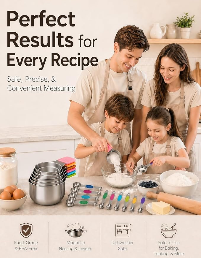 Magnetic Measuring Cups and Spoons Set304 Stainless Steel Dual Scale Set of 15, Strong N52 Magnetic Nesting Design with Leveler, for Dry&Liquid Ingredients, Dishwasher Safe(Colorful)