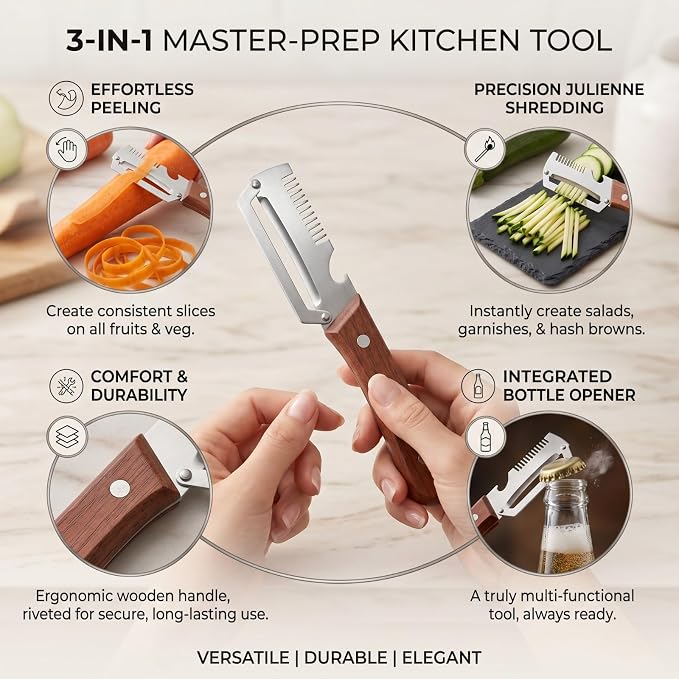 Multifunctional Vegetable Peeler with Wooden Handle | Bottle Opener, Vegetable Slicer, Cabbage Shredder, Stainless Steel, Kitchen Essentials 2026