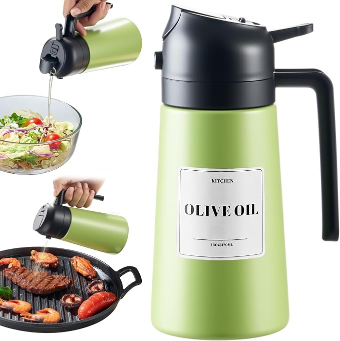 PARACITY Oil Bottle, 2-in-1 Stainless Steel Sprayer and Dispenser, 16 fl oz | Fine-mist spray and smooth pour modes with ceramic-coated interior, wide mouth, drip-control nozzle, and reusable labels.