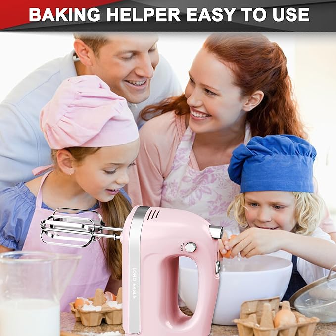 Lord Eagle Hand Mixer Electric Handheld 400W,5-Speed, Lightweight, Pink | Kitchen Mixer with Storage Case, 5 Stainless Steel Attachments for Baking Cake Egg Cream Food Beater, Turbo+Eject Button