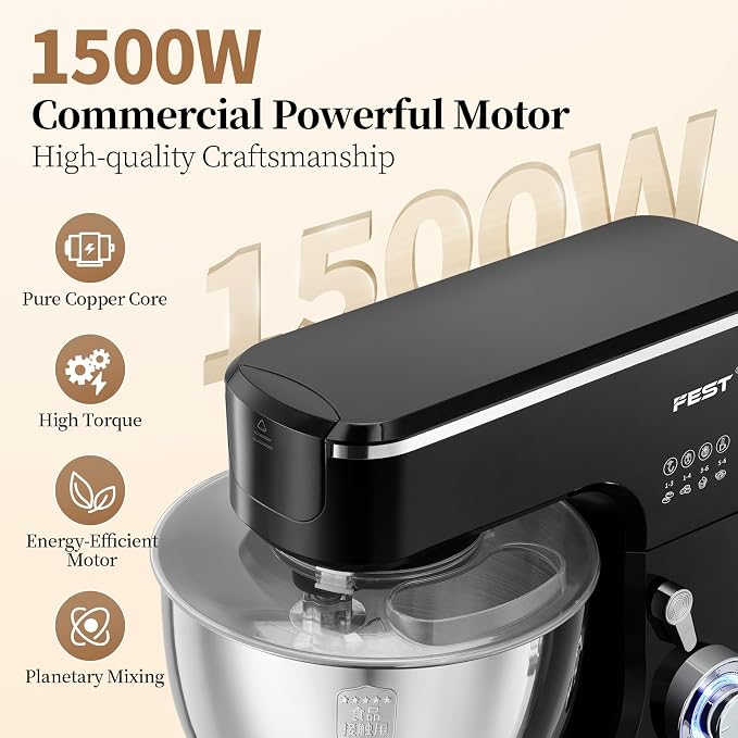 FEST 8.45QT Electric Kitchen Stand Mixer with 6 Speeds and 1500W Motor | Large mixing bowl, dough hook, whisk, beater and removable splash shield for bread, cakes, cookies, whipping and home baking