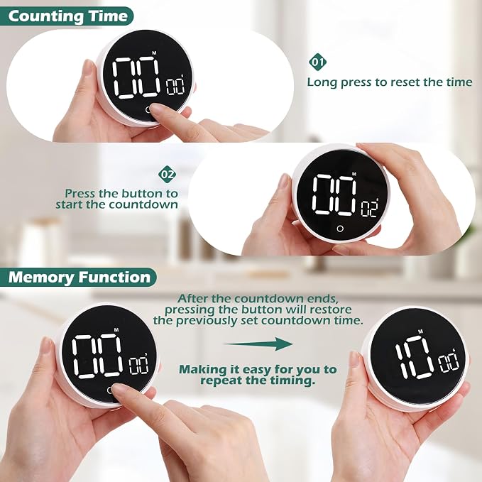 Digital Kitchen Timers, 199 Minutes Countdown Countup Rotary Timer, Large LED Stopwatch, Volume Adjustable Kitchen, Study, Workout, and Office Timer White