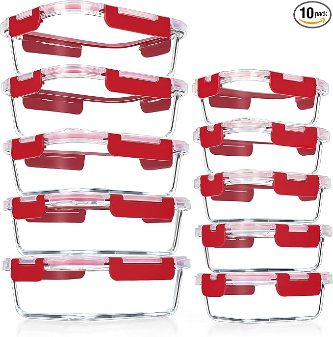 VERONES 10 PACK Glass Meal Prep Containers Set with Lids, Red | Airtight & Stackable Glass Food Storage Containers Set with Lids, for Microwave, Oven, Freezer & Dishwasher Friendly