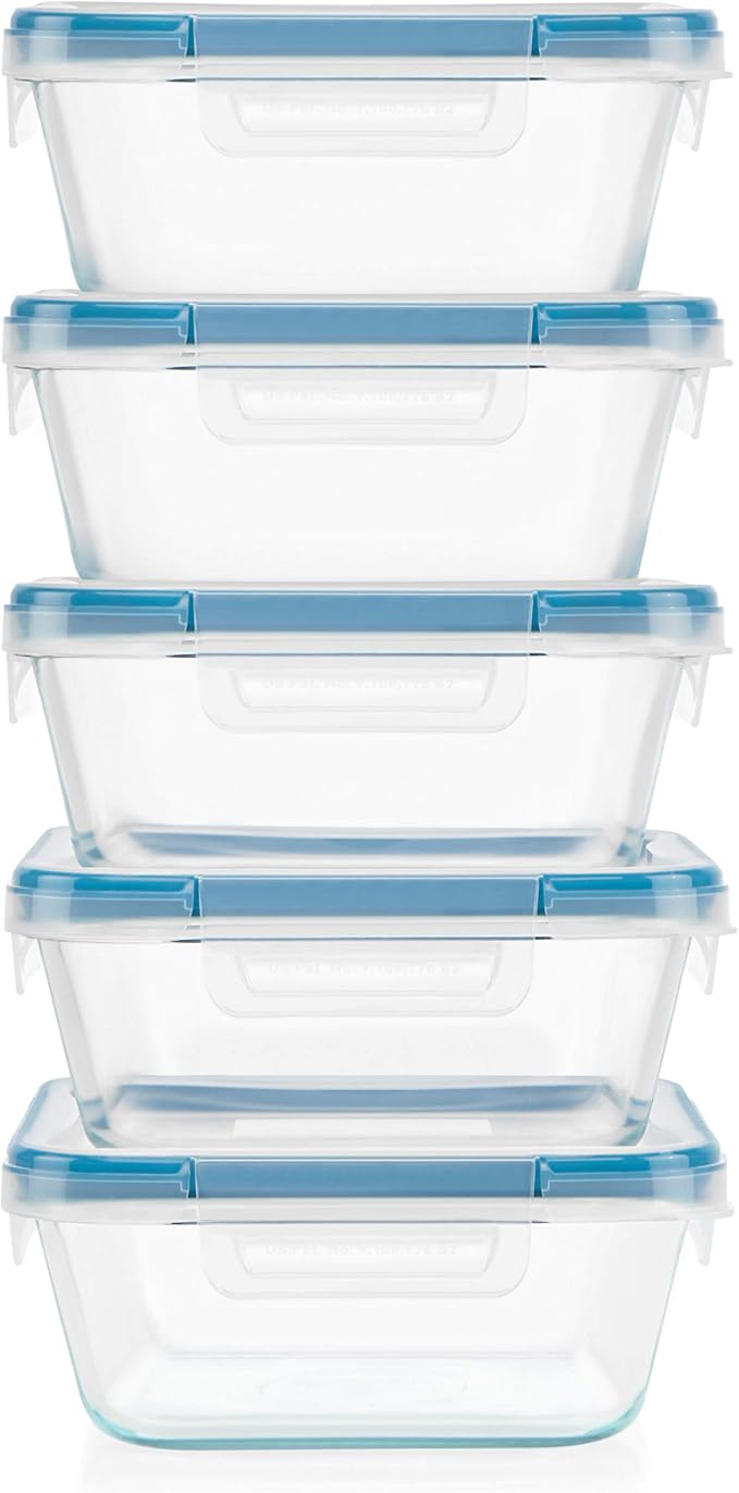 Snapware Glass Total Solutions (5-Pack, 4 Cup) Food Storage Containers Set | Airtight & leakproof plastic locking BPA-free lids, freezer, dishwasher, microwave safe