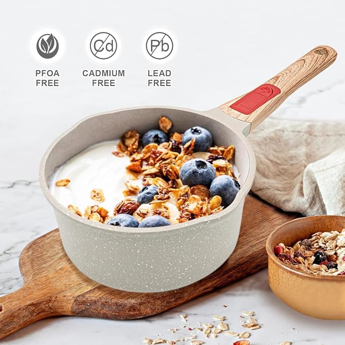2 Qt Nonstick Saucepan with Lid, Sauce Pot with Pour Spout, White | Detachable Handle, Suitable for All Stoves, Including Induction, Oven Safe, PTFE & PFAS & PFOA Free
