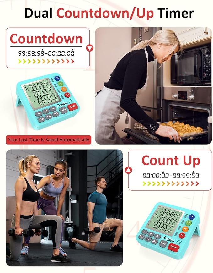 Digital Kitchen Timer with 4 Channel, Loud Alarm and Silent Mode | Magnetic Cooking Timer with Count Up & Countdown for Kids and Seniors, Large Display to Read, Auto Memory, Battery Included
