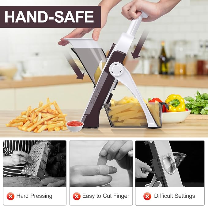 5 in 1 Adjustable Safe Mandoline Slicer for Kitchen with Paring Knife | Safe Mandoline Slicer for Kitchen, Easy to Clean/Storage, Potato Slicing, Strips, Shredding, Dicing, Chop, Cleaning brush