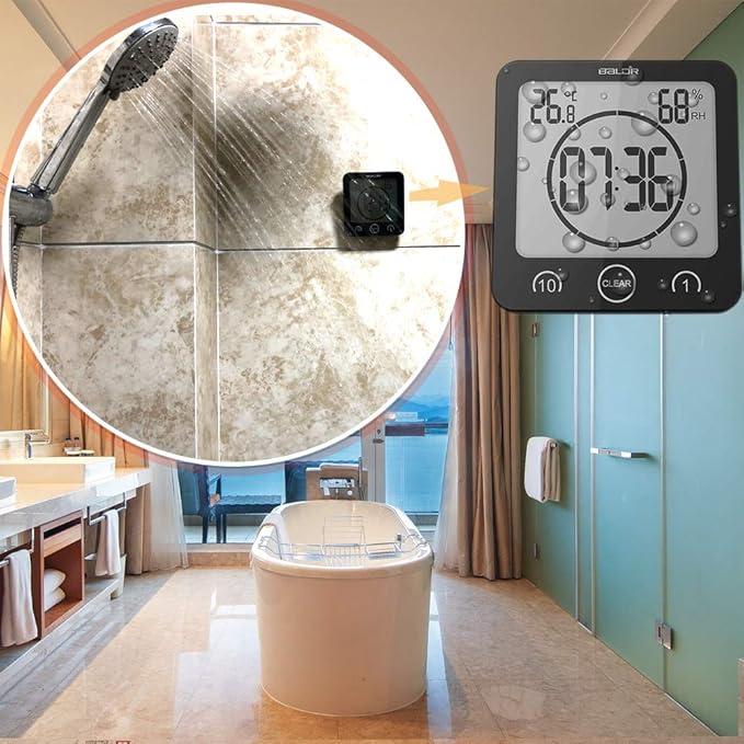 Waterproof Bathroom Wall Clock and Timer, Digital Water Resistant Hanging Timer for Shower, Large Display Kitchen Cooking Countdown Timers, Mirror Suction Clock with Temperature Humidity Meter (Black)
