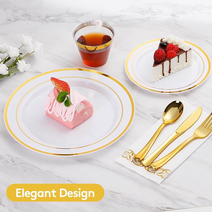 875 Piece Gold Dinnerware Set for 125 Guests, Bulk Dinnerware | Include: 125 Gold Rim Dinner Plates, 125 Dessert Plates, 125 Paper Napkins, 125 Cups, 125 Plastic Silverware Sets for Party