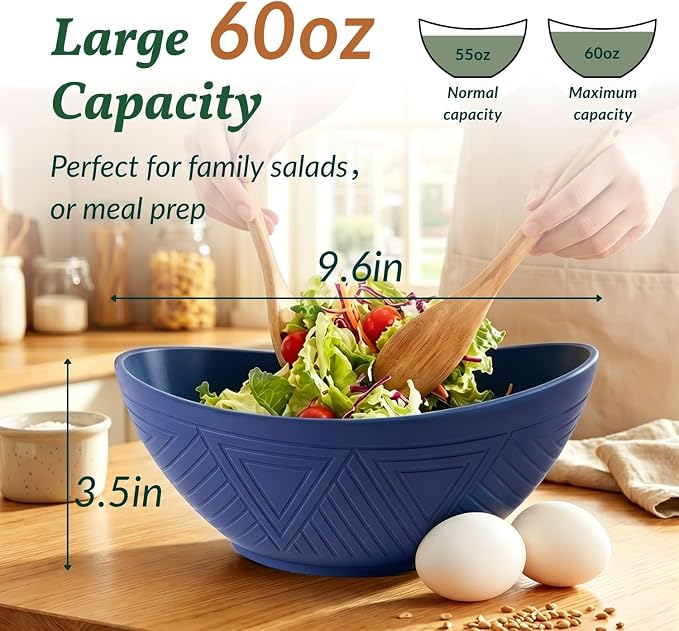 Wheat Straw Bowls, 9.6 inch Salad Bowls, Large Serving Dishes for Wedding Parties, Camping, 60 OZ Bowl Set for Salad, Popcorn, Oval Shape, Microwave & Dishwasher Safe, Set of 4, Dark Blue