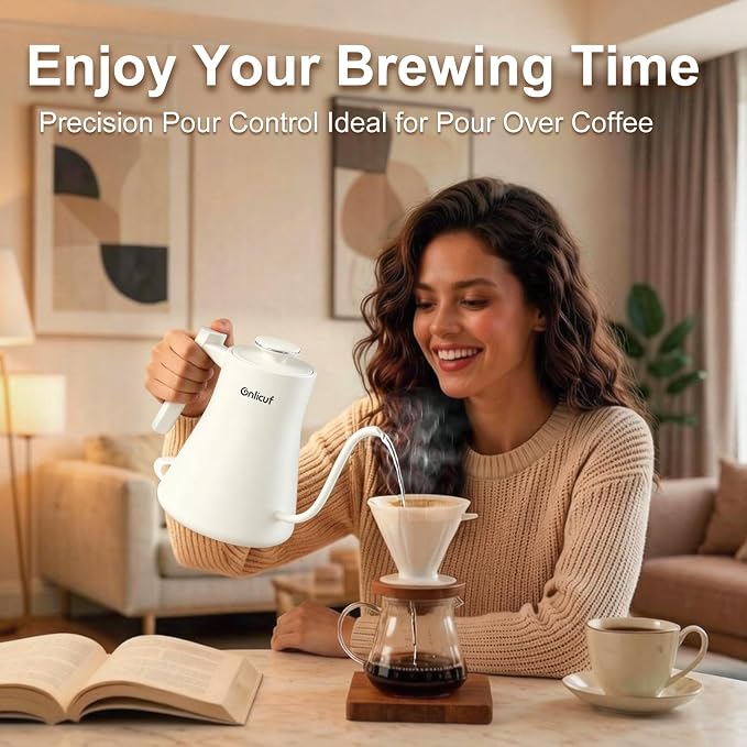 Gooseneck Electric Kettle 0.8L (27oz) - 1000W Rapid Fast Boiling Tea Kettle with Auto Shut Off, Stainless Steel Leak-Proof Elegant White Water Boiler