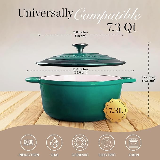 Cast Iron Dutch Oven with Lid - Non-Stick Ovenproof Enamelled Casserole Pot- Sturdy Dutch Oven Cookware - Dark Green, 7.3-Quart, 30cm - by Nuovva