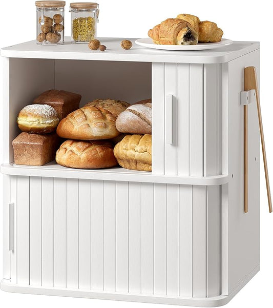 WOWLIVE 2-Tier Roll Top Bread Box for Kitchen Countertop Storage Cabinet | Double Layer Bamboo Bread Boxes with Sliding Doors, Extra Large Bread Storage Cabinet for Loaves & Pastries, White