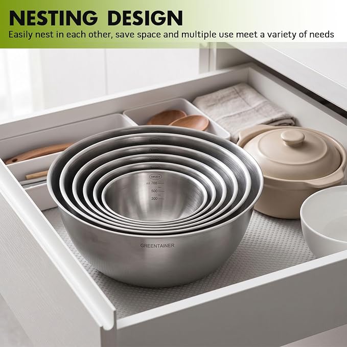 Greentainer Stainless Steel Mixing Bowls Set of 6, Nesting Bowls with Measurement Markings, 7.6 to 0.8 Qt for Baking, Prepping, Cooking and Serving Food, Large Metal Kitchen Bowls Dishwasher Safe