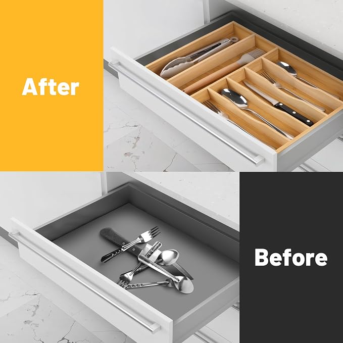 Kitchen Bamboo Silverware Organizer, Kitchen Drawer Organizer - Utensil Holder and Cutlery Tray with Grooved Drawer Dividers for Flatware 7 Slot, Natural