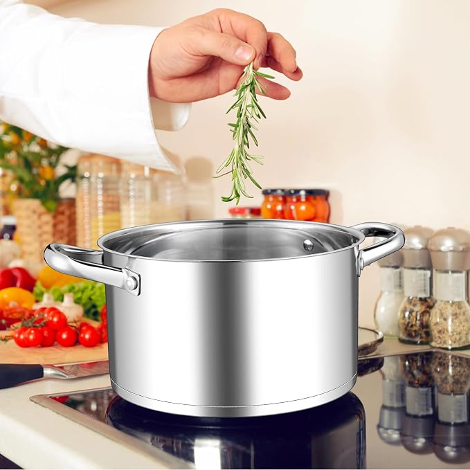Leonyo 5Qt Stockpot with Lid, Stainless Steel Stock Pot for Cooking Soup | 3-Ply Heat-conducting Base for All Stoves, Stewing & Boiling & Simmering