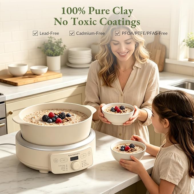MAGNIFIQUE Slow Cooker, 4.5 Quart 8-in-1 Clay Pot Multi-Cooker, Non-Toxic Slow Cooker with Removable Clay Pot, for Rice, Pasta, Steam & Proof, Nonstick, Oven Safe Pot to 500°F, Oatmeal