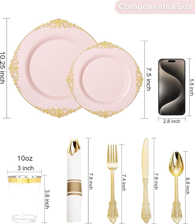 Nervure 700Pcs Pink Plastic Plates, Plastic Dinnerware Set for 100 Guests | 100 7.5" Dessert & 100 10.25" Dinner Plastic Plate, 300 Silverware, 100 10oz Cups, 100 Napkin for Wedding & Party, BPA-free