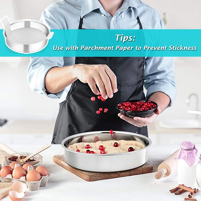P&P CHEF 9.5 Inch Round Cake Pan Set of 3, Stainless Steel Baking Cake Pans | Round Baking Cake Pan Bakeware for Layer Birthday Cake, Fit Oven/Pots/Pressure Cooker, Leakproof & Dishwasher Safe, Silver