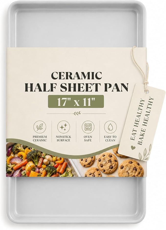 Ceramic Baking Sheet Half Size 17"x11" - Heavy Duty 0.6mm Aluminized Steel Pan, KFCC Ceramic Coating Nonstick Cookie Sheet, Oven Safe to 550°F, Rustproof & Warp Resistant Baking Tray