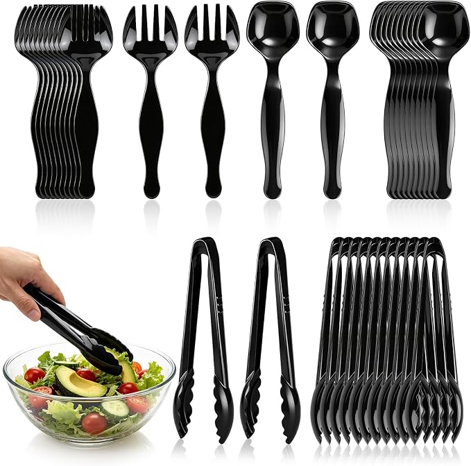 36Pcs Disposable Plastic Serving Utensils Set, 12 Black Spoons, 12 Forks, 12 Tongs, 9-Inch for Party Buffet Catering Events, Heavy Duty and Ergonomic Design