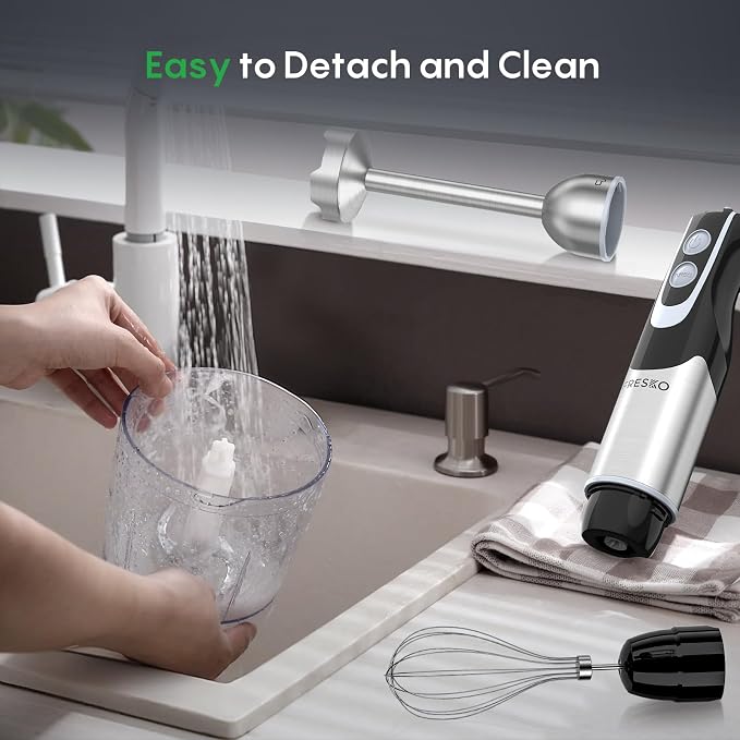 Immersion Blender Handheld, 4-In-1 Hand Blender with 12-Speeds & Turbo Mode | 500W Emulsion Blender, Egg Whisk, 24oz Beaker & Chopper Bowl, Stick Mixer for Baby Food, Smoothies, Soups & Sauces