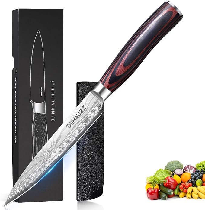 DiiHAUZZ Kitchen Utility Knife, 5 Inch Paring Knife, High Carbon Steel | Ultra Sharp Edge, Ergonomic Pakkawood Handle, Non Slip, Light Weight, Crack Resistant, Snap Resistant, Sheath, Gift Box