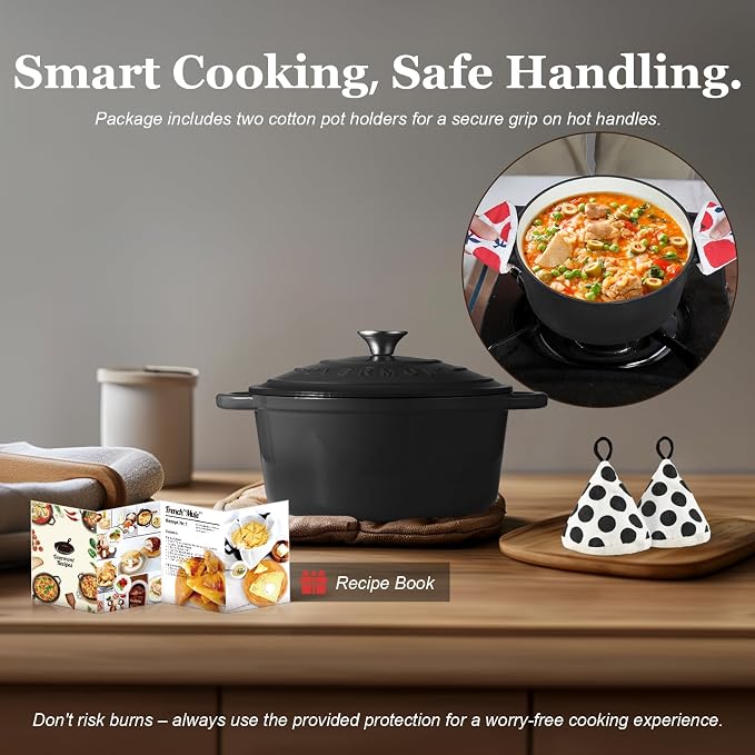 Overmont Enameled Cast Iron Dutch Oven - 5.5QT Pot with Lid Cookbook & Cotton Potholders - Heavy-Duty Cookware for Braising, Stews, Roasting, Sourdough Baking Graphite Gray