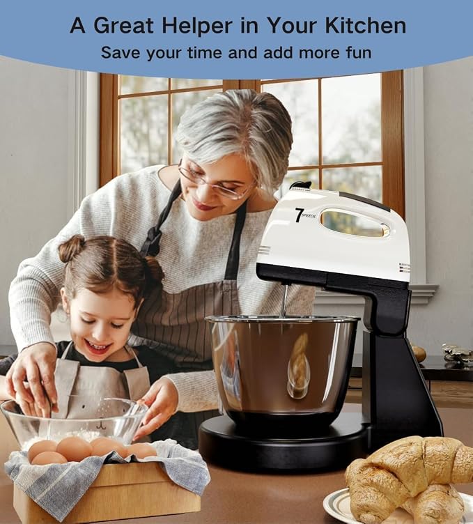 Stand Mixers, 7 Speeds With 3QT Stainless Steel Bowl, Stand and Hand Mixer with Dough Hook, Whisk, Mixing Beater for Baking, Cake, Cookie, Kneading (Silver)
