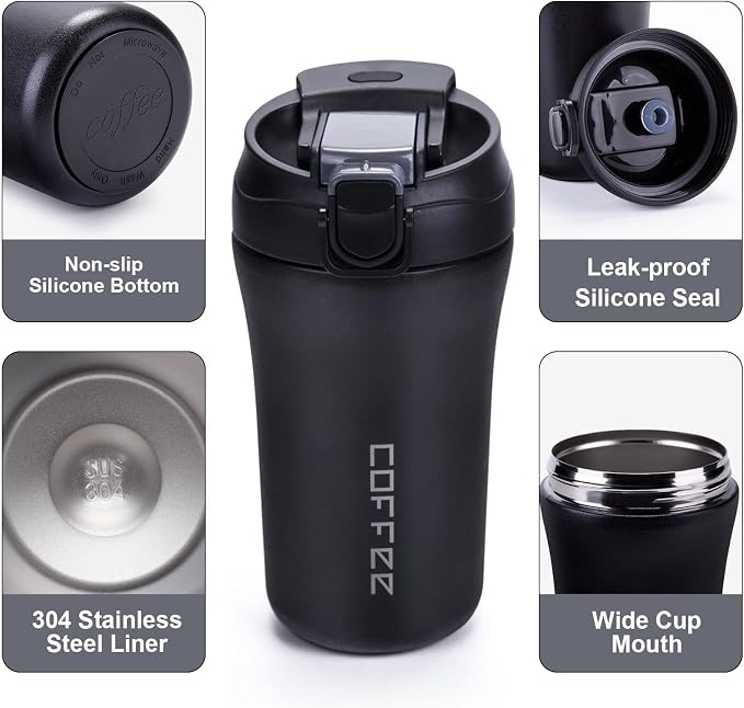14 oz Travel Coffee Mug, 2 Pack Vacuum Insulated Stainless Steel Tumbler | Spill proof coffee travel mug with lid & straw for hot & cold drinks. Great gift for men & women (Black White)