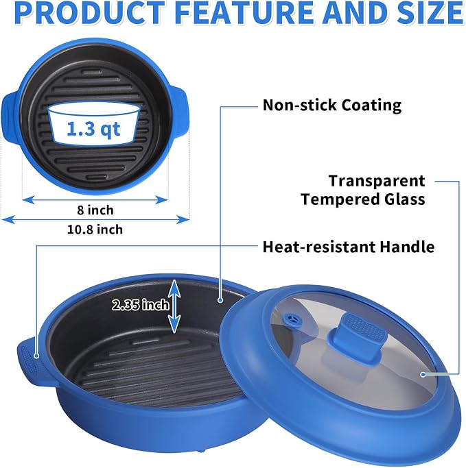 Microwave Grill Pan, Fry Griddle Crisper Pan with Lid for Grilling Browning and Crisping Foods Microwave Silicone Cookware for Baked Potato Meat Sandwich Vegetable Blue