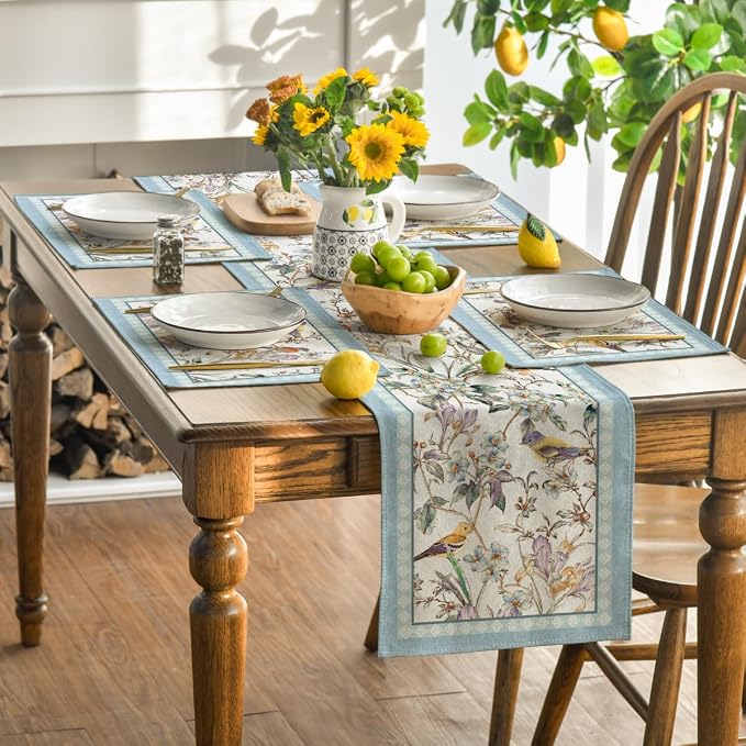 Artoid Mode Blue Birds Flowers Blossom Placemats Set of 4, 12x18 Inch Table Mats for Table Runner Party Kitchen Dining Decoration
